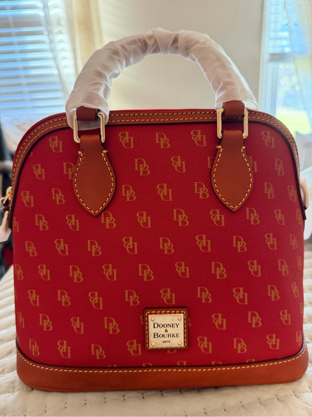 Dooney & Bourke Red Signature Dome Satchel with Brown Trim and Gold Logo